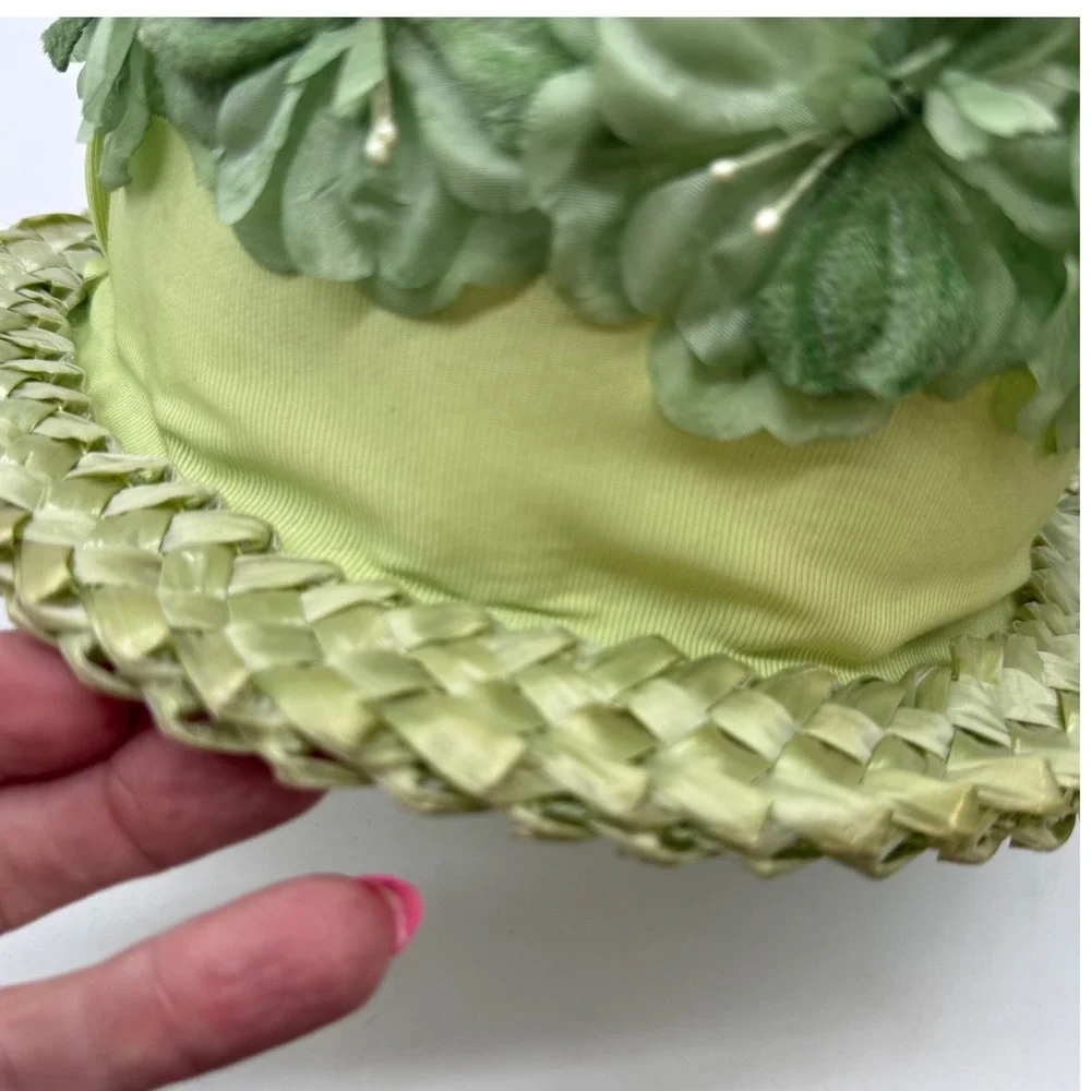VTG Wilk's Green Floral Straw Pillbox Hat Original Box Mid Century union 50s 60s